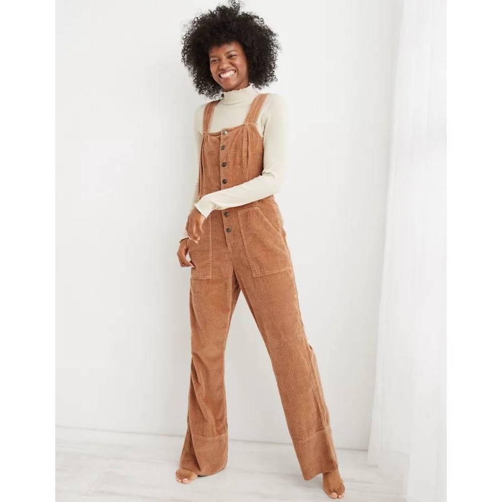 Aerie Corduroy Kick Flare Overalls Tan Brown Button Front XL 100% Cotton